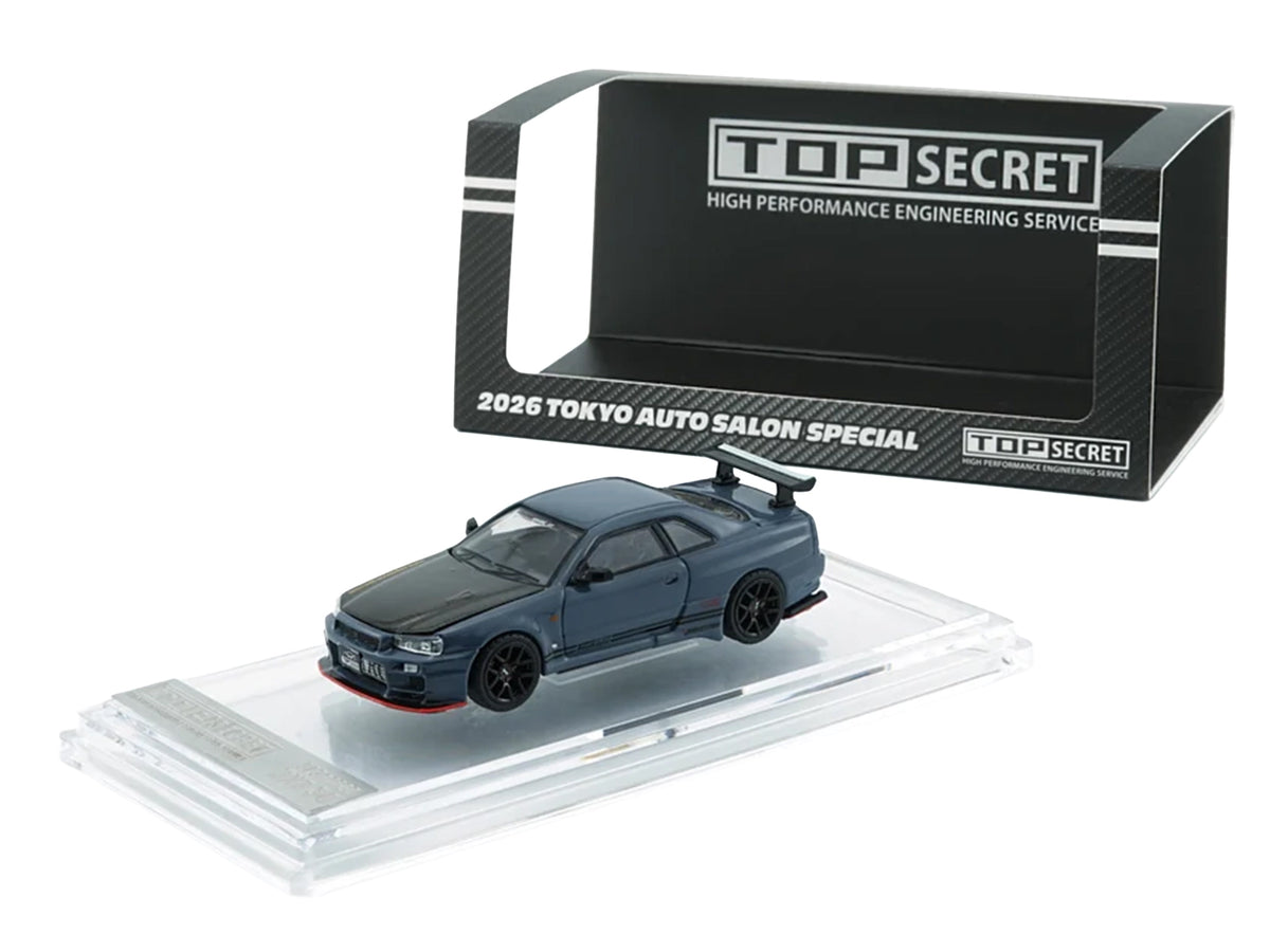 Nissan "Top Secret" Skyline GT-R (BNR34) RHD (Right Hand Drive) Stealth Gray with Carbon Hood "Tokyo Auto Salon 2026" 1/64 Diecast Model Car