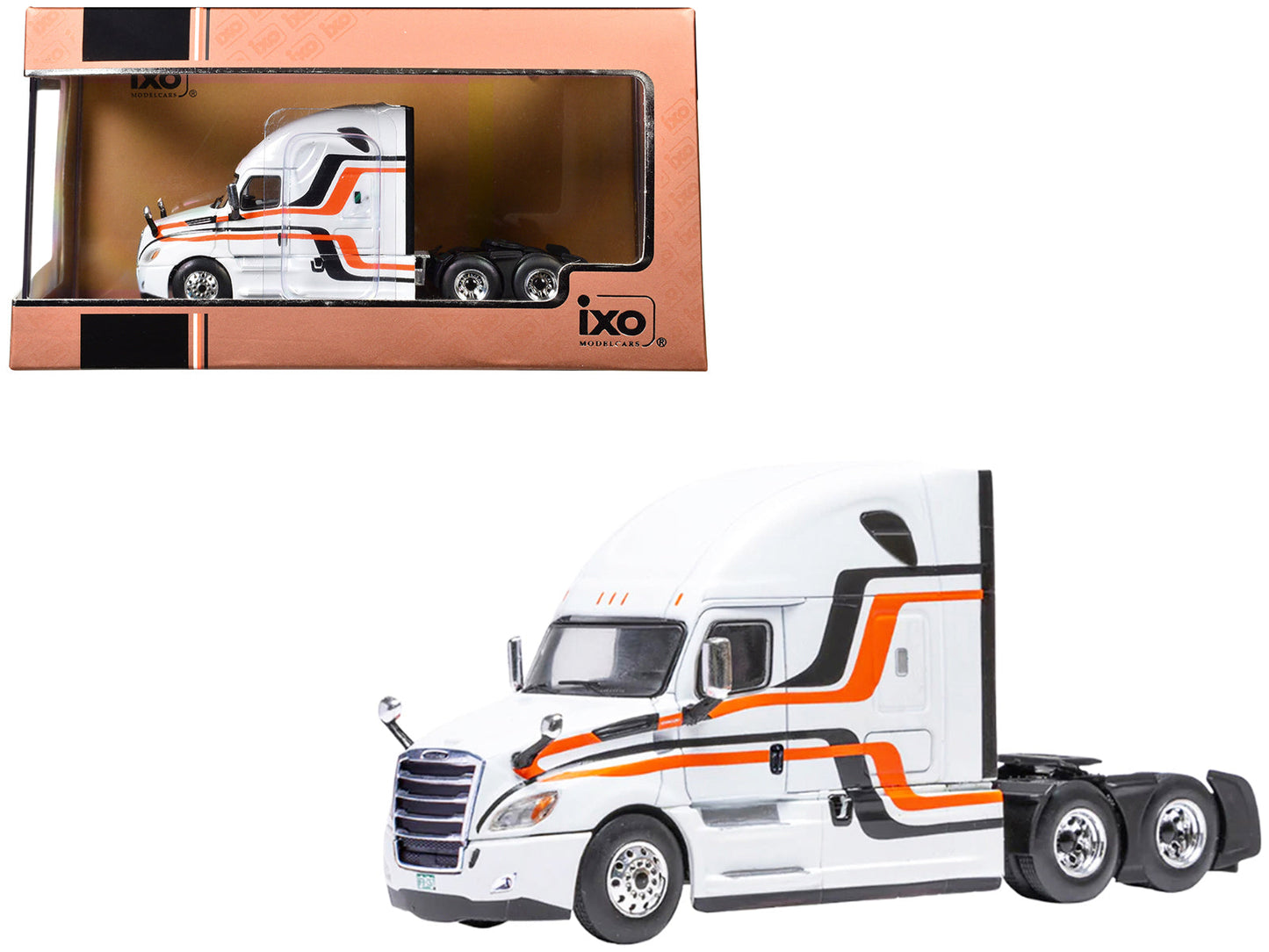 2018 Freightliner Cascadia Truck Tractor White with Black and Orange Stripes 1/64 Diecast Model