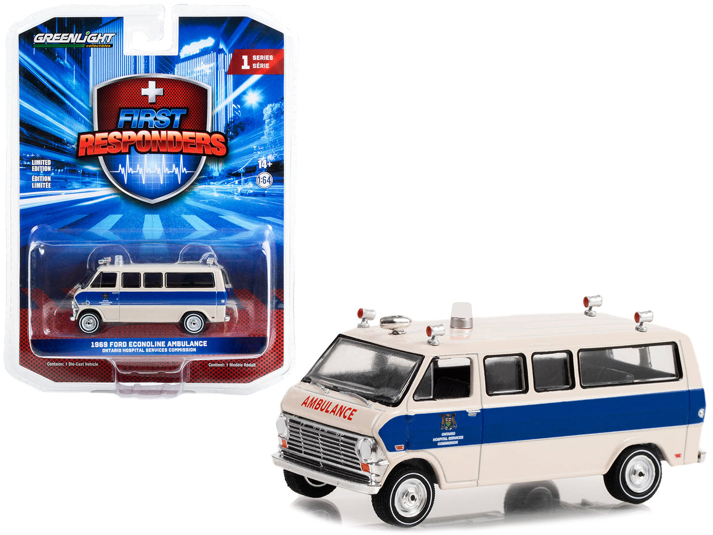 1969 Ford Econoline Ambulance Beige with Blue Stripes "Ontario Hospital Services Commission Ontario Canada" "First Responders" Series 1 1/64 Diecast Model Car
