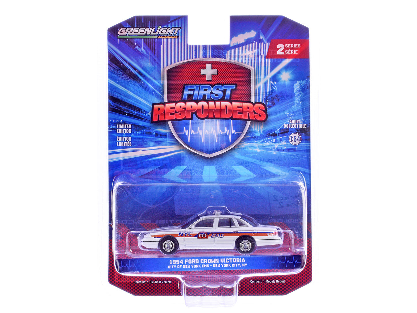 1994 Ford Crown Victoria "NYC EMS (City of New York Emergency Medical Service)" White with Blue and Red Stripes "First Responders" Series 2 1/64 Diecast Model Car