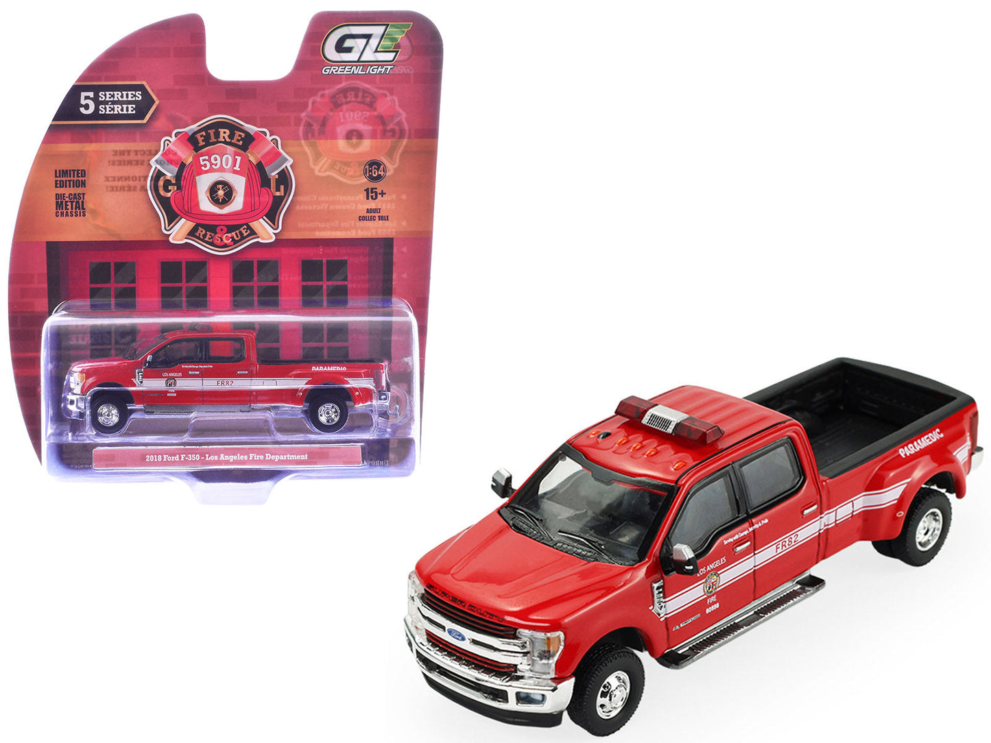 2018 Ford F-350 Pickup Truck "Los Angeles Fire Department" Red with White Stripes "Fire & Rescue" Series #5 1/64 Diecast Model Car