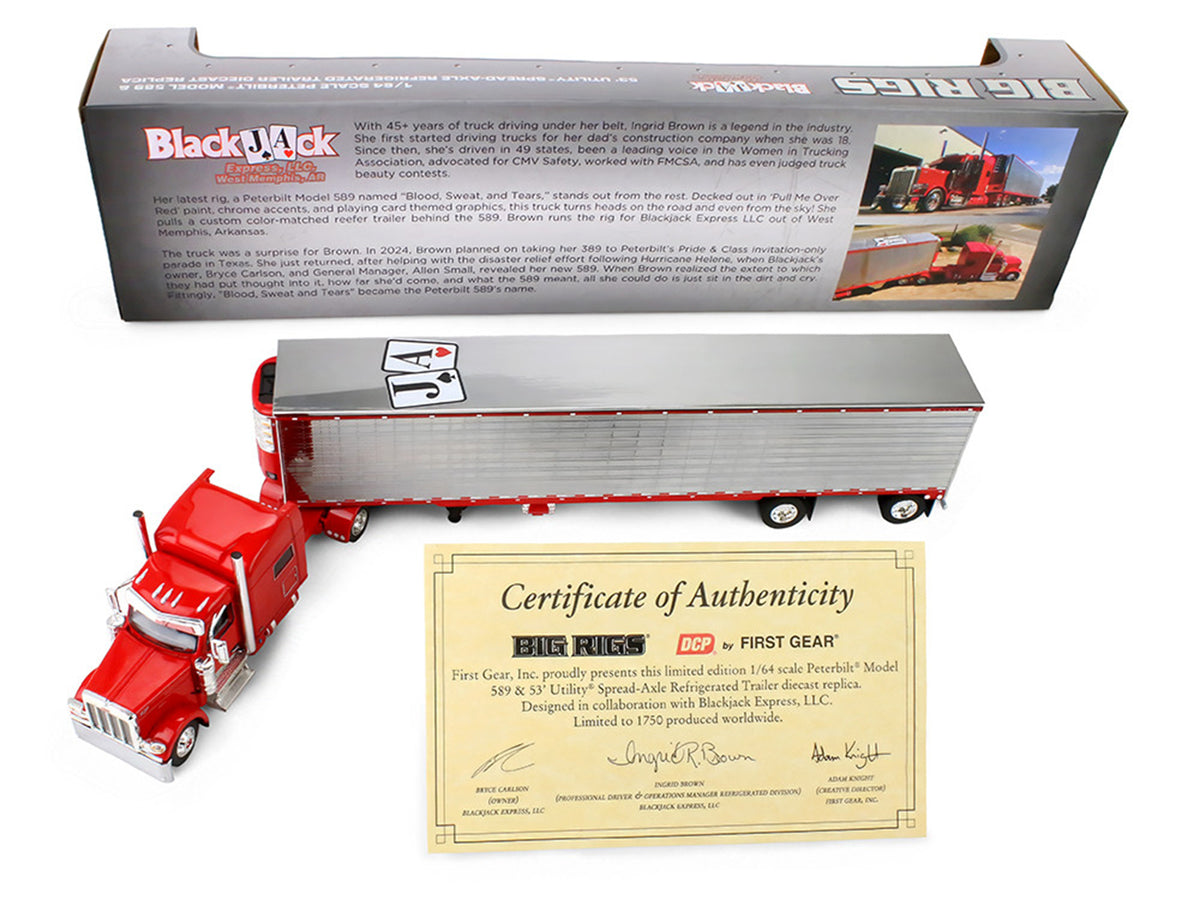 Peterbilt 589 with 78" Mid-Roof Sleeper and 53' Utility Trailer with Reefer "Blackjack Express LLC" Red "Big Rigs" Series II #6 1/64 Diecast Model