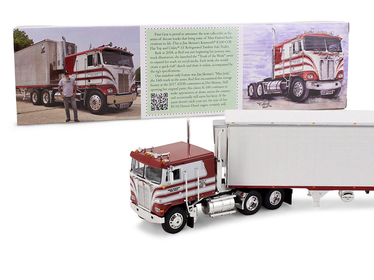 Kenworth K100 COE Flat Top and 53' Utility Trailer with Reefer "Red's Favorites - Jim Skrinar" Red with White Stripes 1/64 Diecast Model