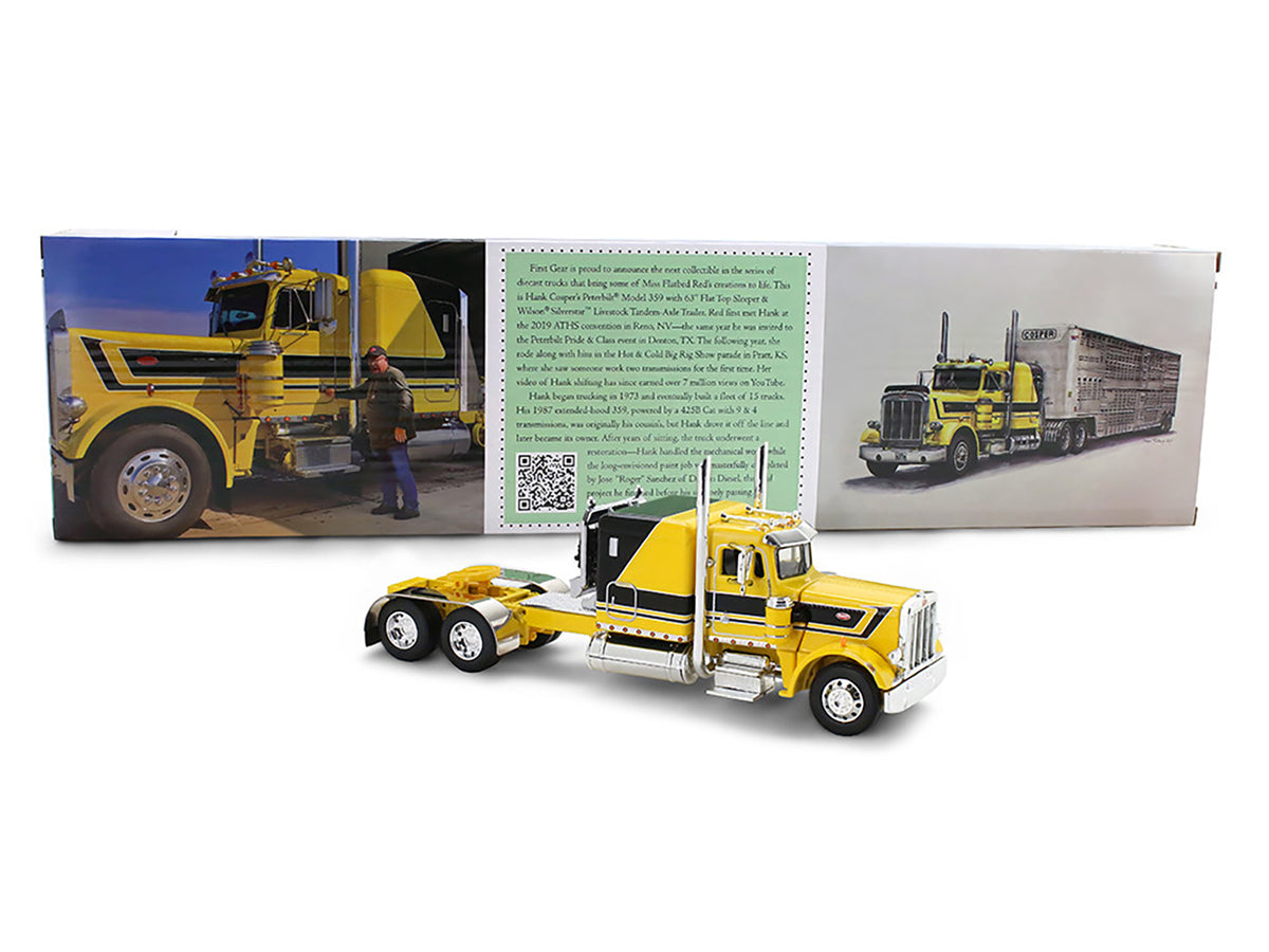 Peterbilt 359 with 63" Flat Top Sleeper & Wilson Silverstar Livestock Trailer "Red's Favorites - Hank Cosper" Yellow with Black Stripes 1/64 Diecast Model