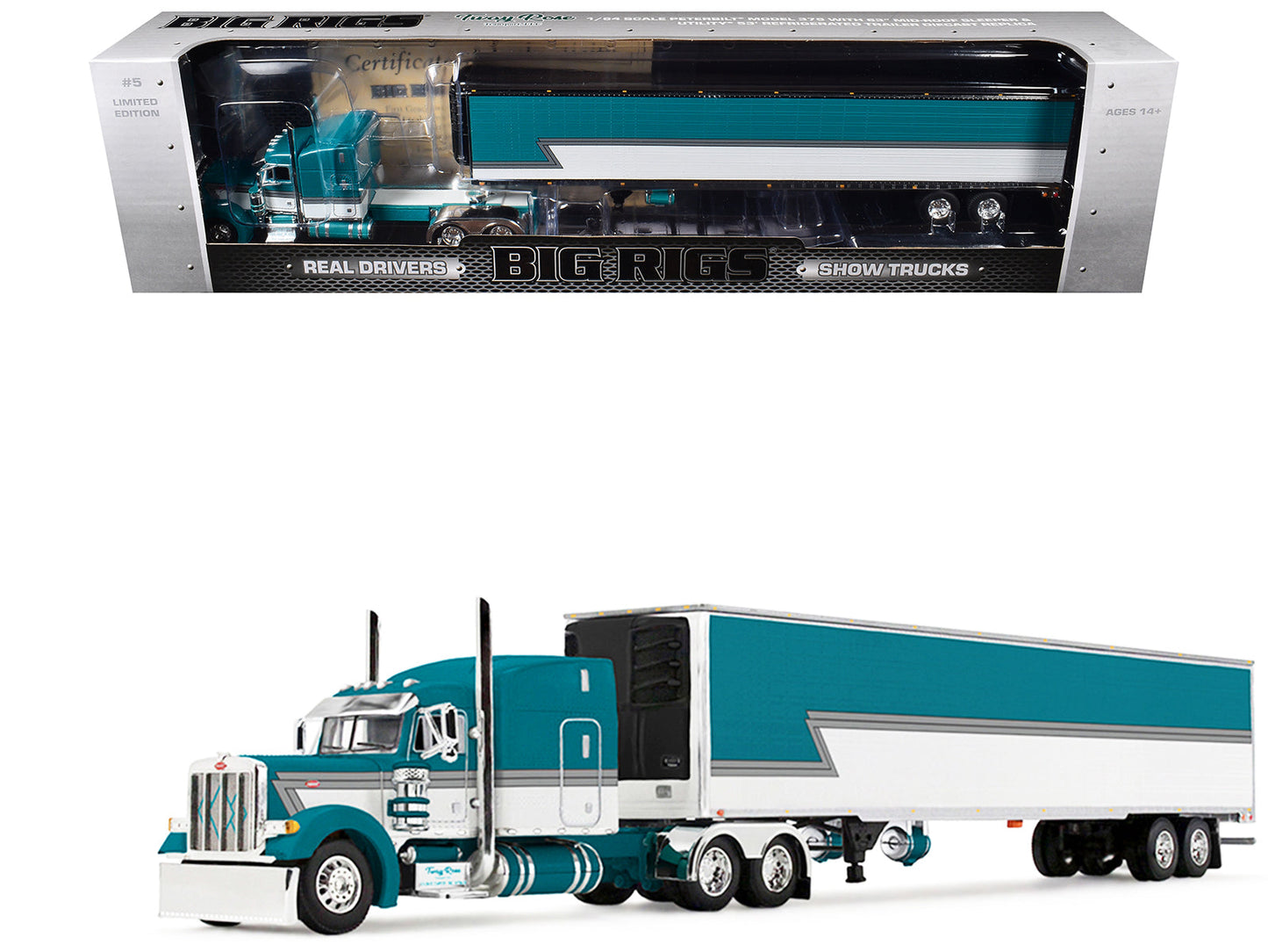 Peterbilt 379 with 63" Mid-Roof Sleeper and 53' Utility Trailer with Reefer "Tway Rose Transport" Teal and White with Stripes "Big Rigs" Series II #5 1/64 Diecast Model