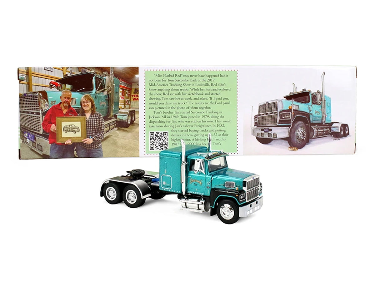 Ford LTL 9000 with 48" Flat Top Sleeper and 53' Utility Trailer with Reefer "Red’s Favorites - Tom Sercombe" Turquoise Metallic 1/64 Diecast Model