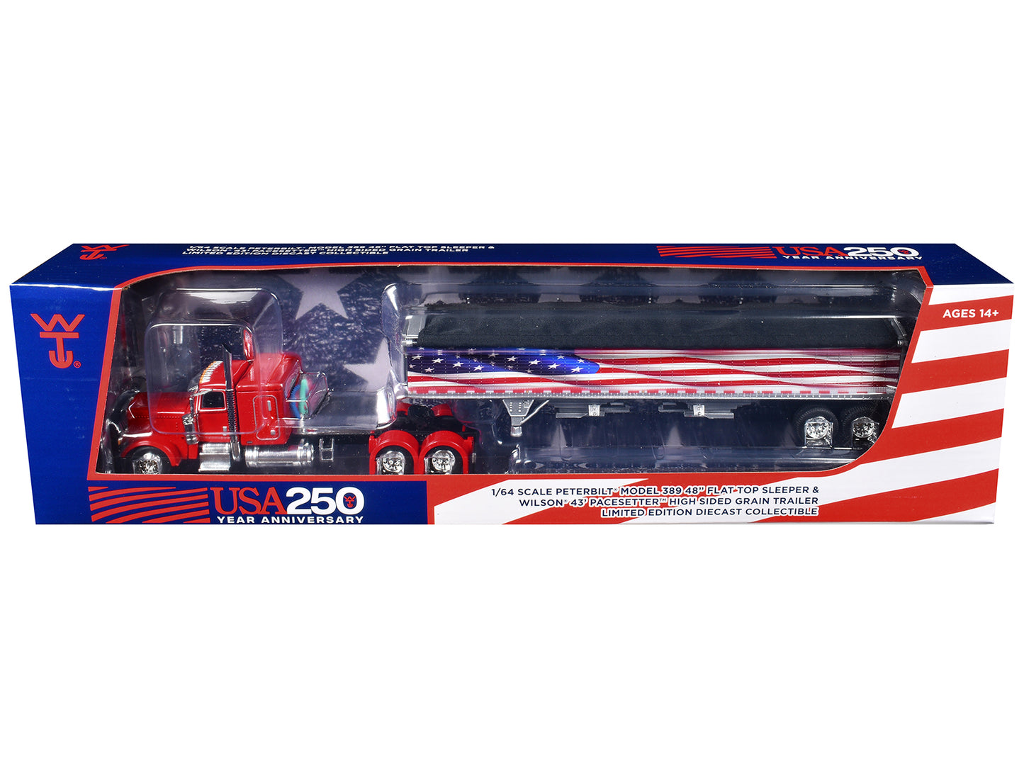 Peterbilt 389 with 48" Flat Top Sleeper and 43' Wilson Pacesetter High Side Grain Trailer "Wilson USA 250" Red 1/64 Diecast Model