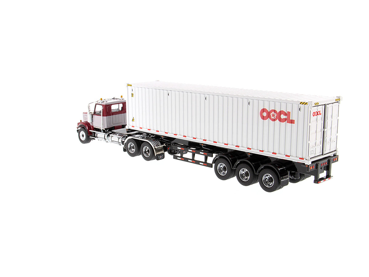 Western Star 4900 SF Tandem Day Cab Truck Tractor Red and Gray with 40' Dry Goods Sea Container "OOCL" White "Transport Series" 1/50 Diecast Model