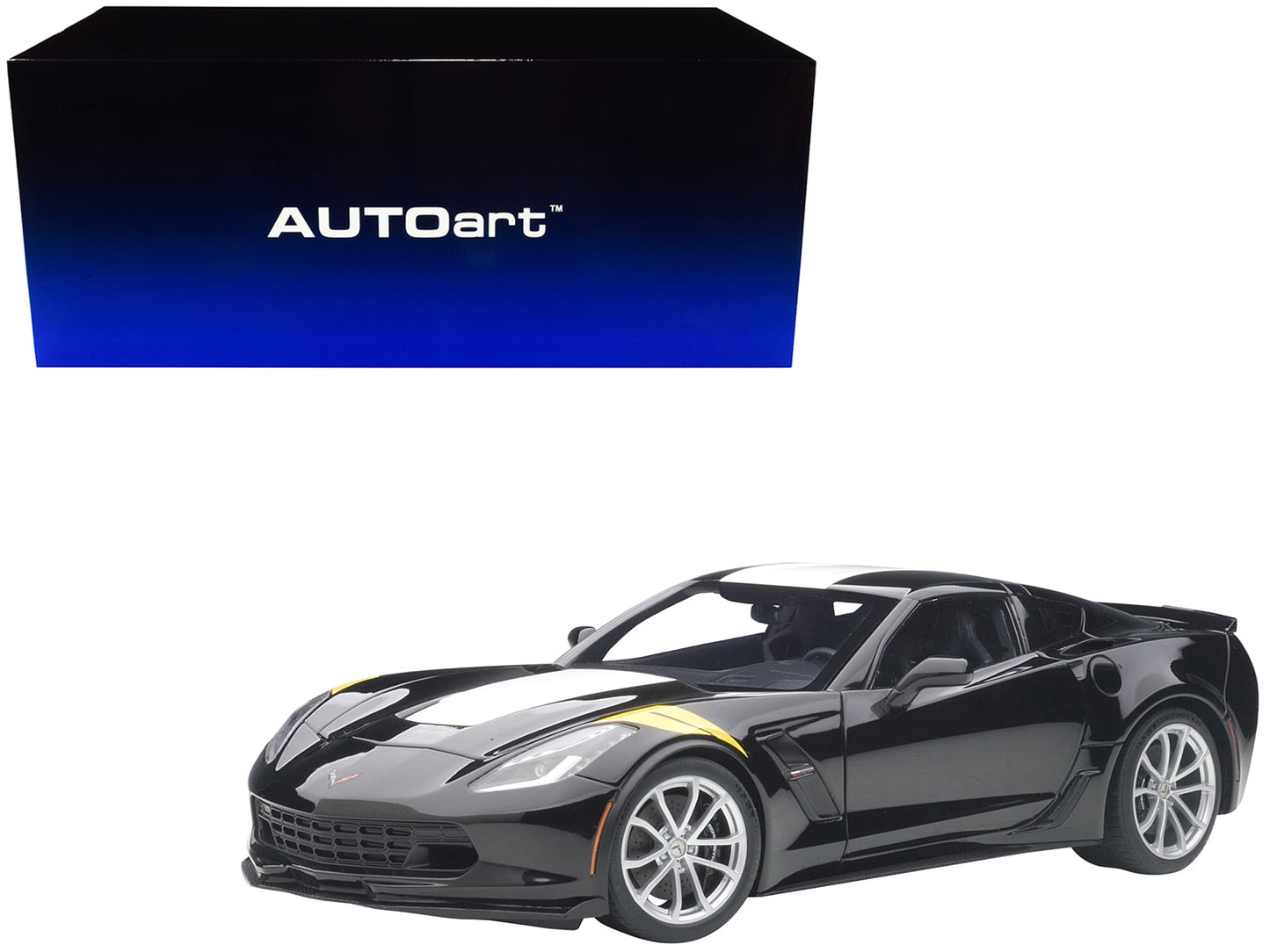 2017 Chevrolet Corvette C7 Grand Sport Black with White Stripe and Yellow Fender Hash Marks 1/18 Model Car