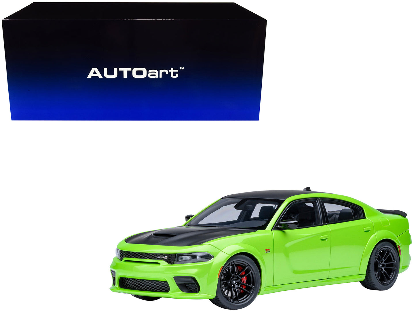 Dodge Charger Scat Pack Widebody Sublime Green with Matt Black Hood and Top 1/18 Model Car