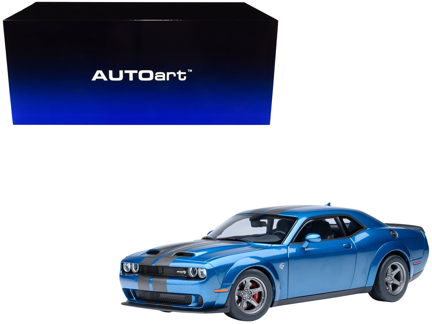 2023 Dodge Challenger SRT Super Stock Frostbite Blue Metallic with Carbon Stripes 1/18 Model Car