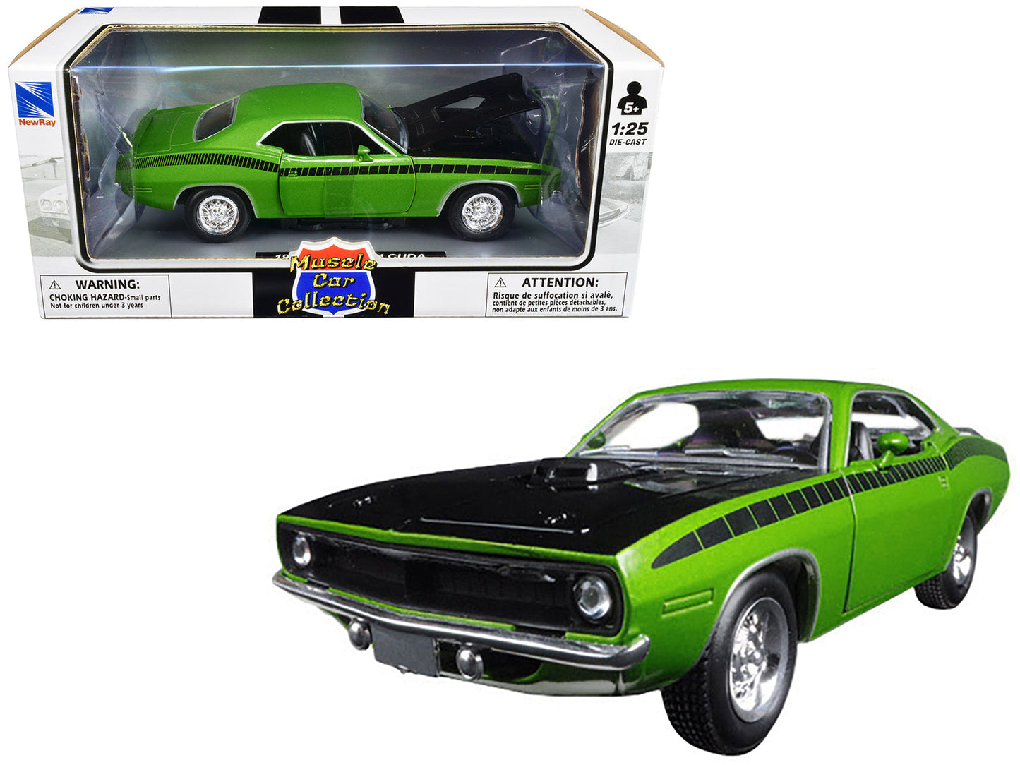 1970 Plymouth Barracuda Green with Black Hood and Stripes "Muscle Car Collection" 1/25 Diecast Model Car