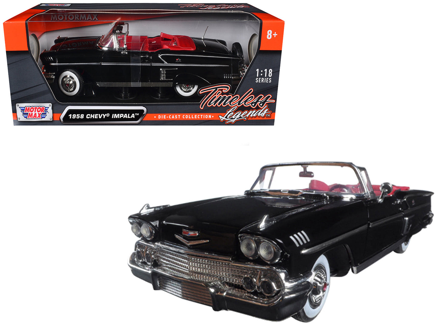 1958 Chevrolet Impala Convertible Black with Red Interior "Timeless Classics" 1/18 Diecast Model Car