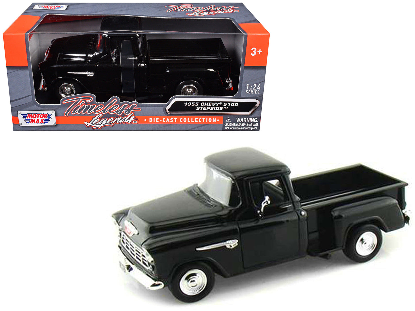 1955 Chevrolet 5100 Stepside Pickup Truck Black 1/24 Diecast Car Model