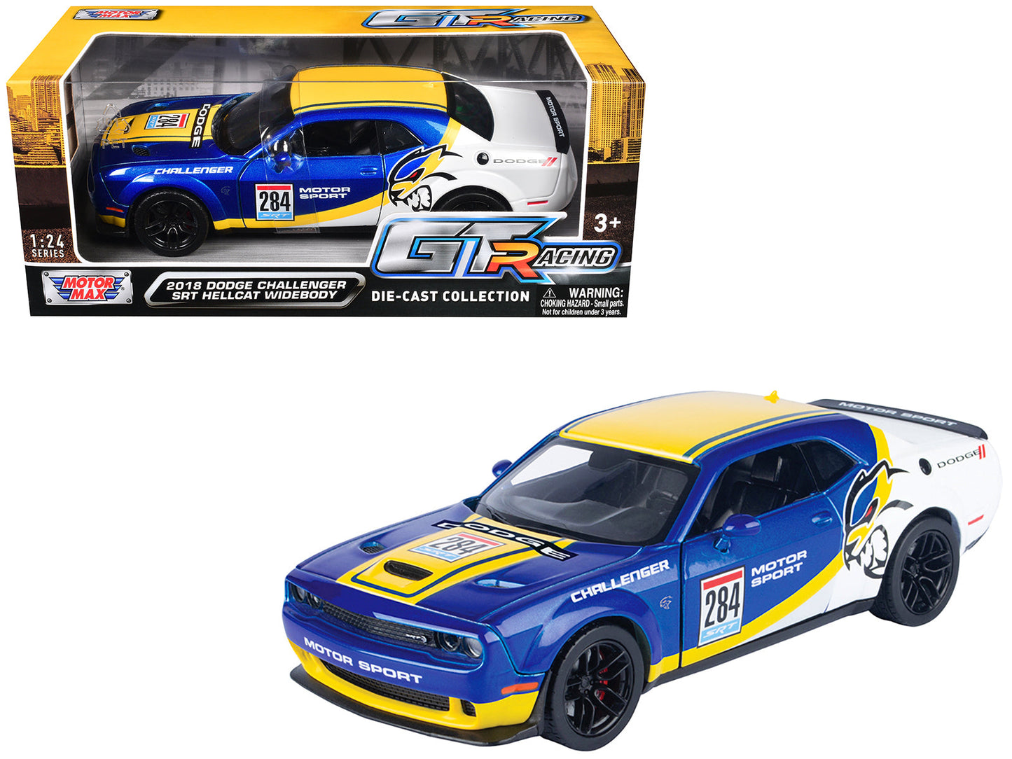 2018 Dodge Challenger SRT Hellcat Widebody #284 Blue Metallic and White with Yellow Graphics "GT Racing" Series 1/24 Diecast Model Car
