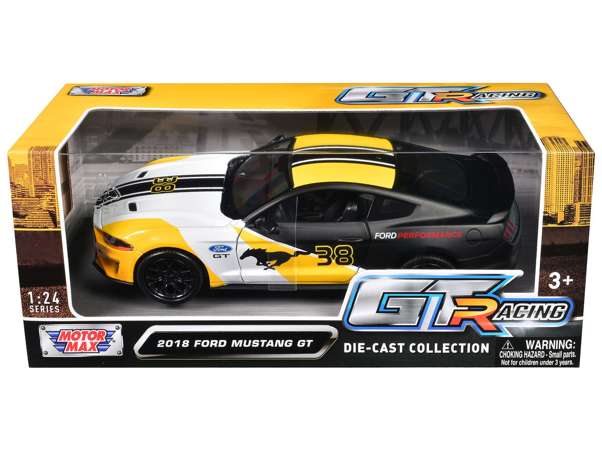 2018 Ford Mustang GT #38 White and Matt Black with Yellow Graphics "GT Racing" Series 1/24 Diecast Model Car