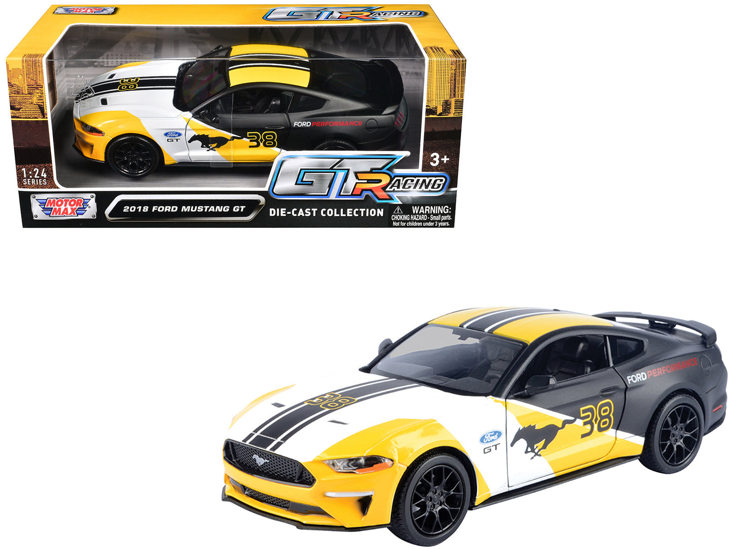 2018 Ford Mustang GT #38 White and Matt Black with Yellow Graphics "GT Racing" Series 1/24 Diecast Model Car