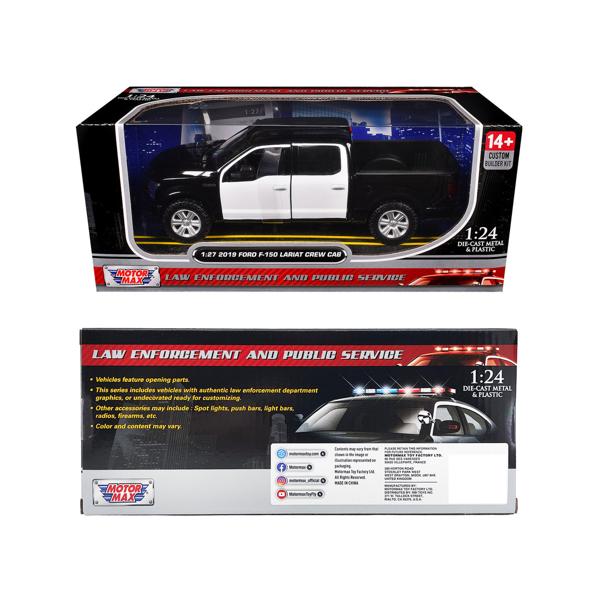 2019 Ford F-150 Lariat Crew Cab Pickup Truck Unmarked Plain Black and White "Custom Builder's Kit - Law Enforcement and Public Service" Series 1/24-1/27 Diecast Model Car