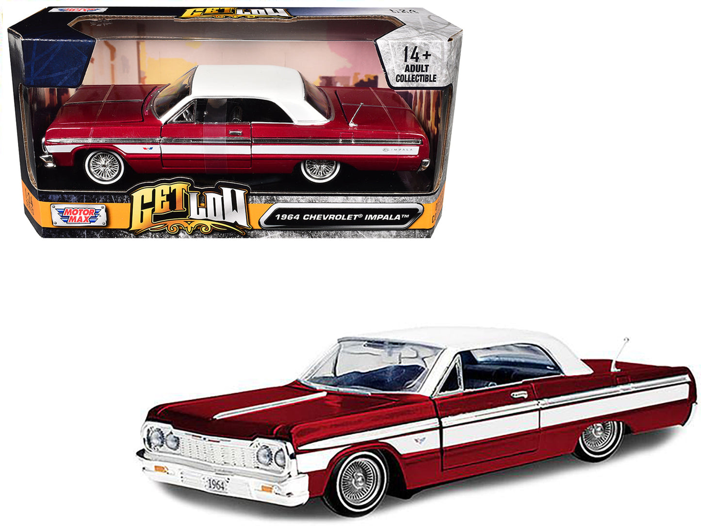 1964 Chevrolet Impala Lowrider Hard Top Candy Red Metallic with White Top "Get Low" Series 1/24 Diecast Model Car