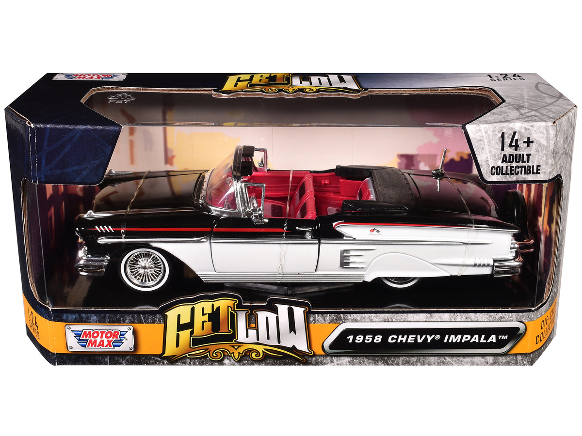 1958 Chevrolet Impala Convertible Lowrider Black and White with Red Interior "Get Low" Series 1/24 Diecast Model Car