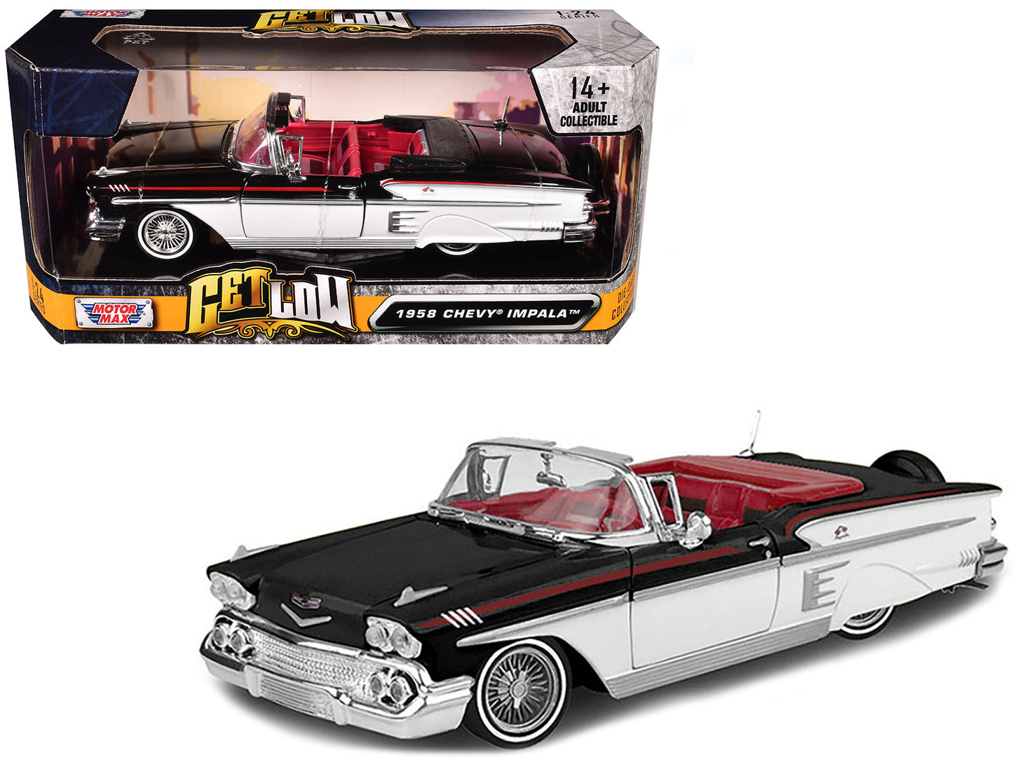 1958 Chevrolet Impala Convertible Lowrider Black and White with Red Interior "Get Low" Series 1/24 Diecast Model Car