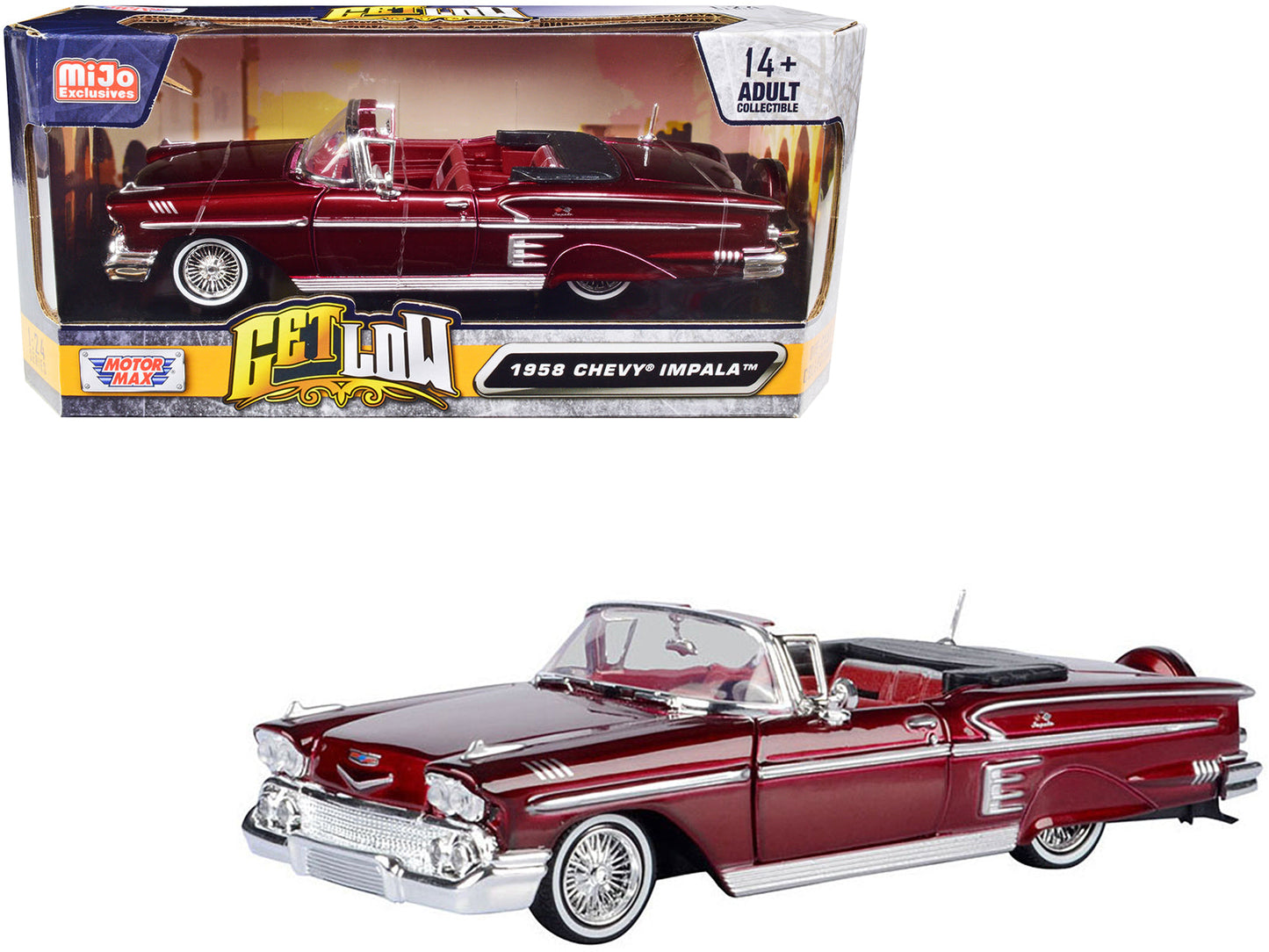 1958 Chevrolet Impala Convertible Lowrider Dark Red Metallic with Red Interior "Get Low" Series 1/24 Diecast Model Car