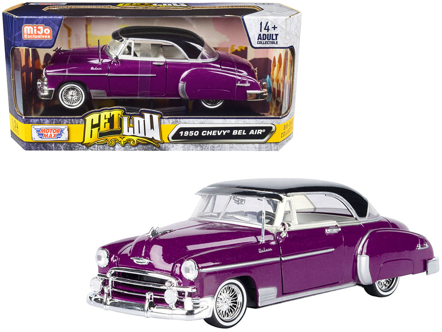1950 Chevrolet Bel Air Lowrider Purple Metallic with Black Top and White Interior "Get Low" Series 1/24 Diecast Model Car