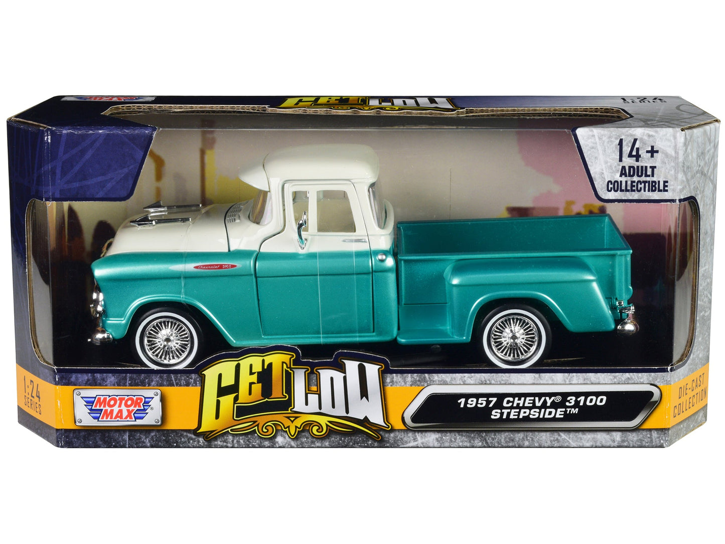 1957 Chevrolet 3100 Stepside Pickup Truck Lowrider Turquoise Metallic and White with White Interior "Get Low" Series 1/24 Diecast Model Car
