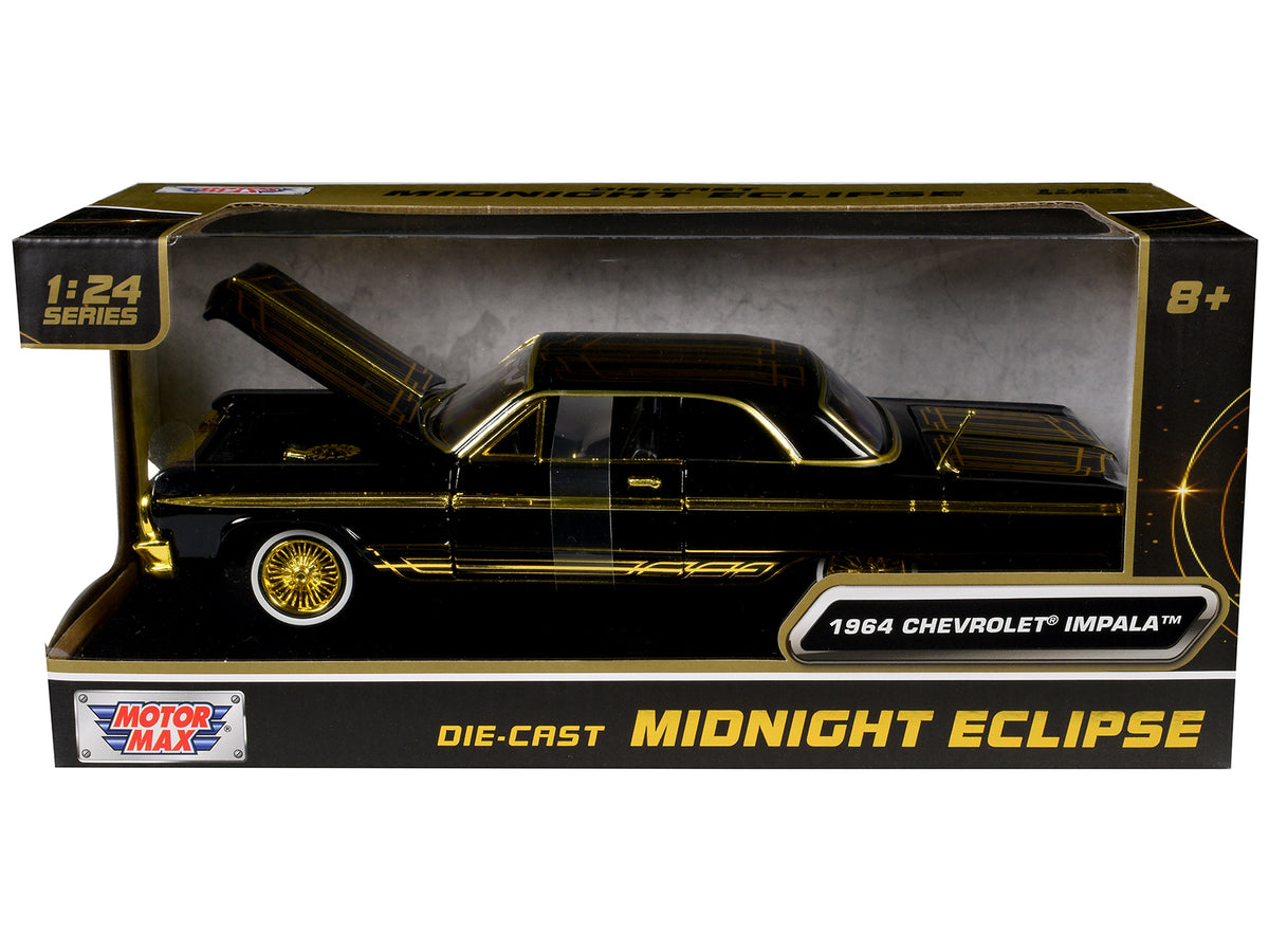 1964 Chevrolet Impala Lowrider Black with Gold Graphics and Wheels "Midnight Eclipse" Series 1/24 Diecast Model Car
