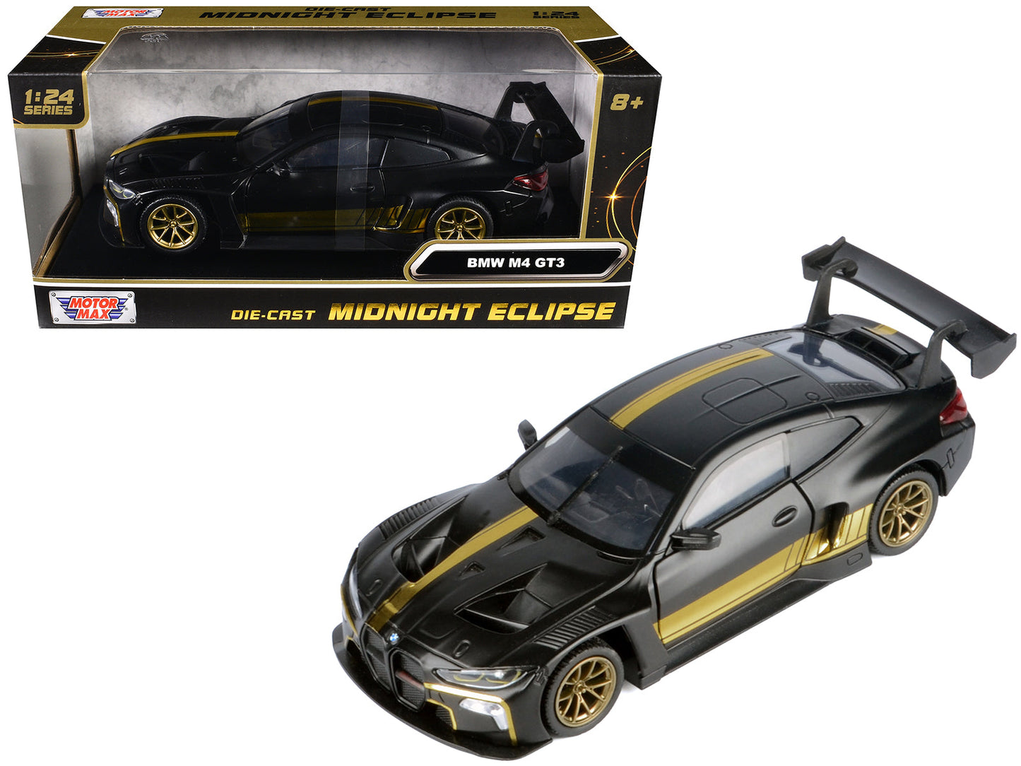 BMW M4 GT3 Matt Black with Gold Stripes "Midnight Eclipse" Series 1/24 Diecast Model Car