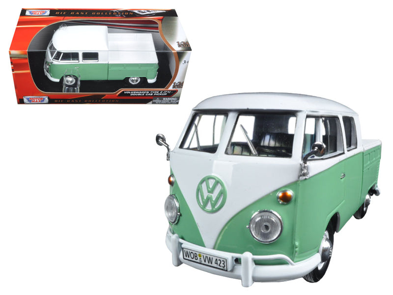 Volkswagen Type 2 (T1) Double Cab Pickup Truck White and Green 1/24 Diecast Model Car
