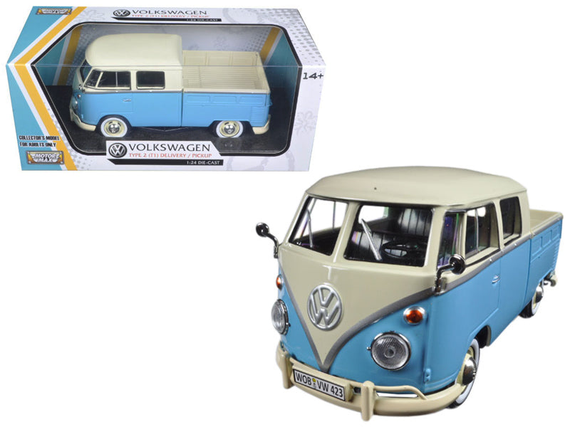 Volkswagen Type 2 (T1) Double Cab Pickup Truck Light Blue and Cream 1/24 Diecast Model Car