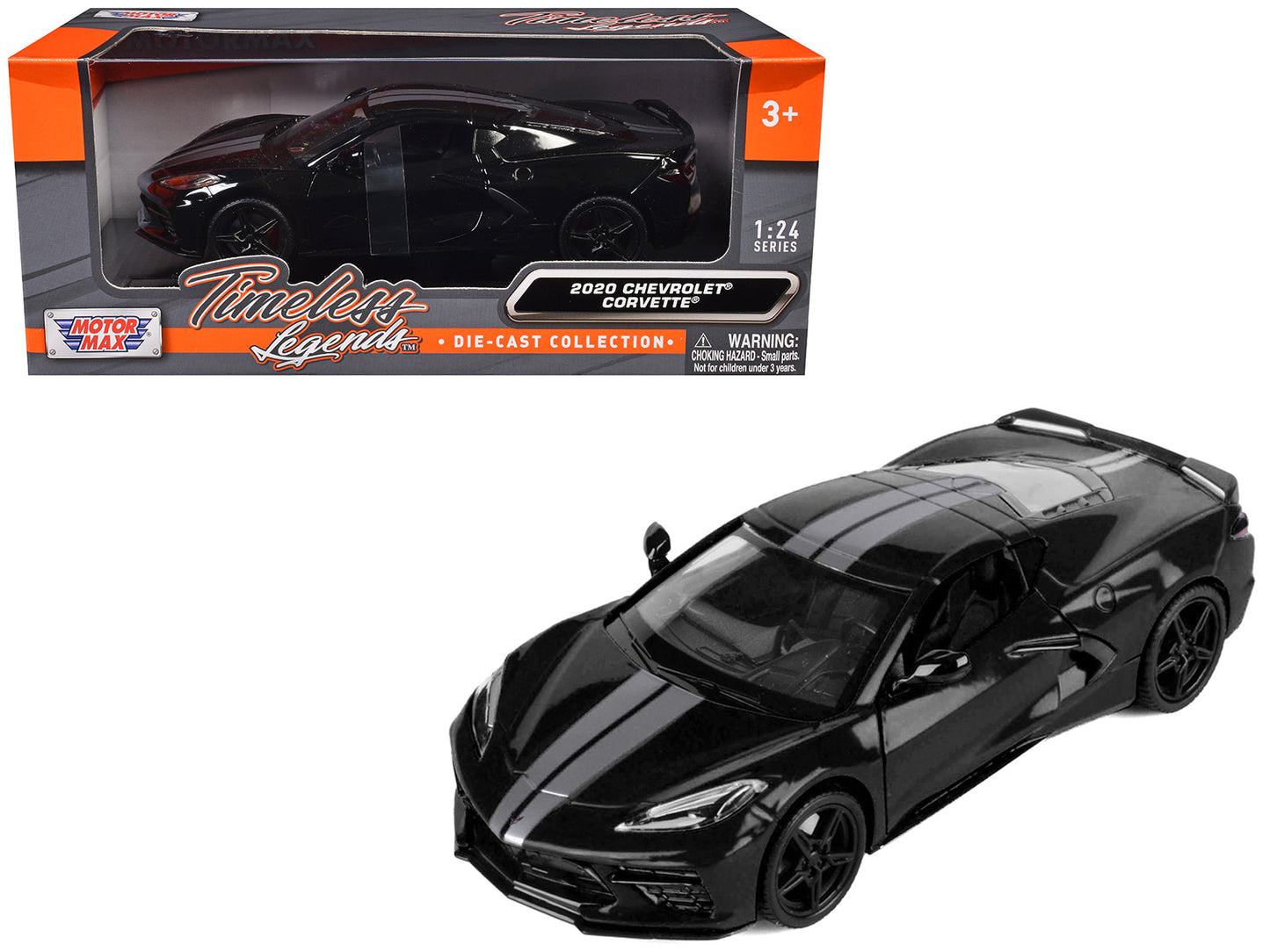 2020 Chevrolet Corvette C8 Stingray Black with Silver Stripes "Timeless Legends" Series 1/24 Diecast Model Car