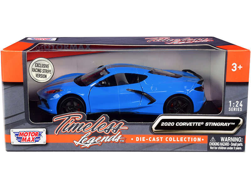 2020 Chevrolet Corvette C8 Stingray Blue with Silver Racing Stripes "Timeless Legends" 1/24 Diecast Model Car