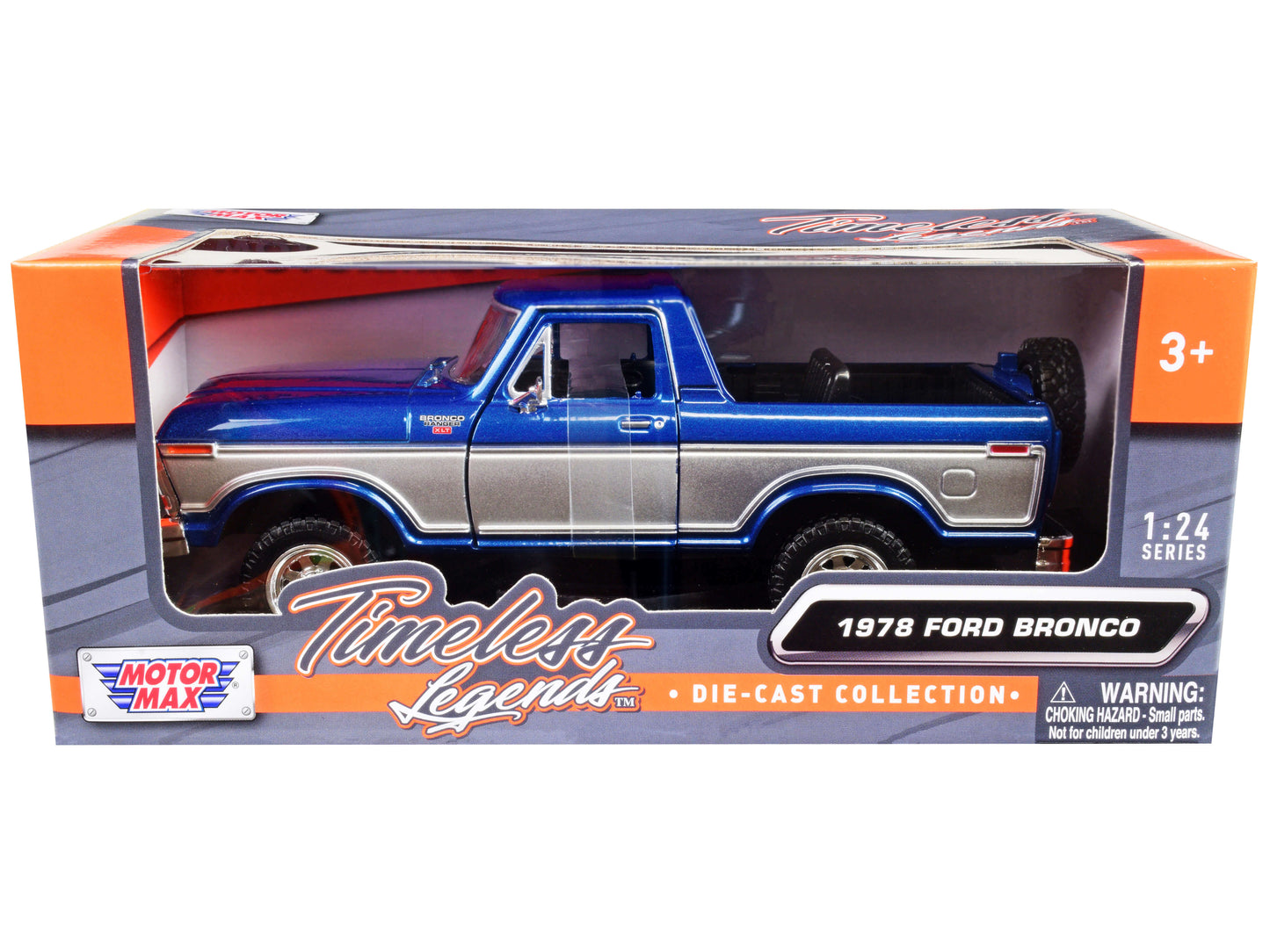 1978 Ford Bronco Ranger XLT (Open Top) with Spare Tire Blue Metallic and Silver "Timeless Legends" Series 1/24 Diecast Model Car
