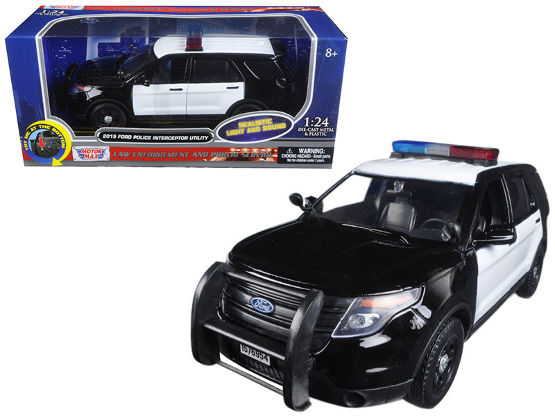 2015 Ford Police Interceptor Utility Black and White with Flashing Light Bar and Front and Rear Lights and 2 Sounds 1/24 Diecast Model Car