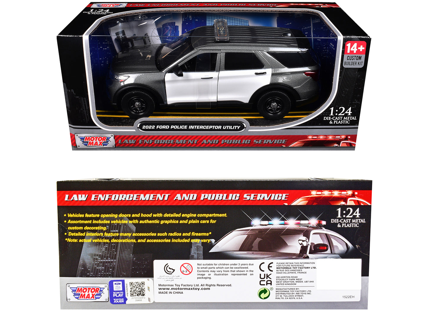 2022 Ford Police Interceptor Utility Gray Metallic with White Doors "Builder's Kit" with Flashing Light Bar and Front and Rear Lights and Sounds 1/24 Diecast Model Car