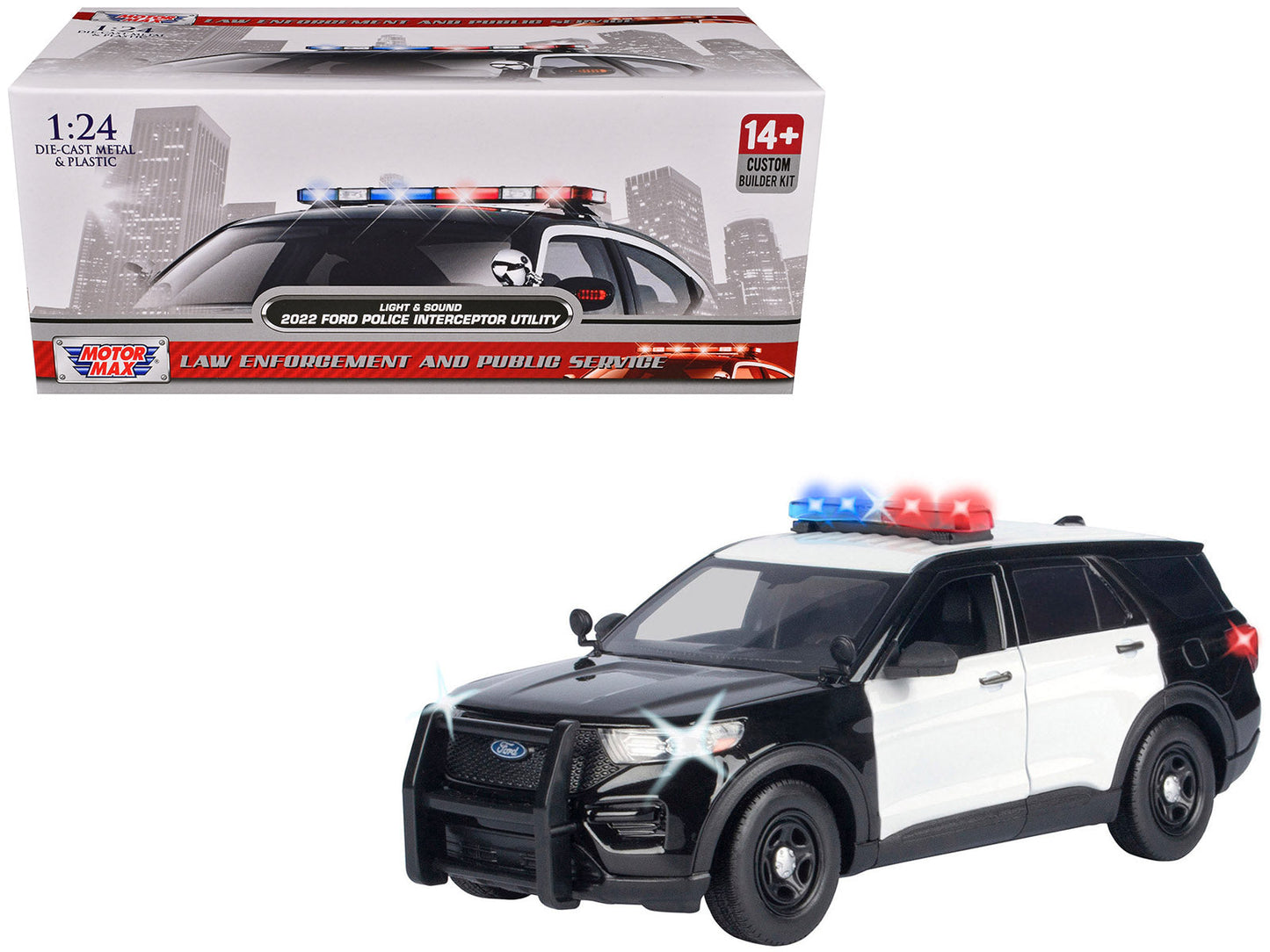 2022 Ford Police Interceptor Utility Black and White "Builder's Kit" with Flashing Light Bar and Front and Rear Lights and Sounds 1/24 Diecast Model Car