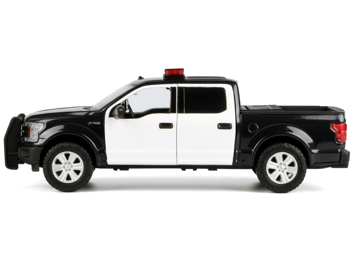 2019 Ford F-150 Lariat Crew Cab Pickup Truck Black and White with Flashing Light Bar and Front and Rear Lights and Sounds 1/24-1/27 Diecast Model Car