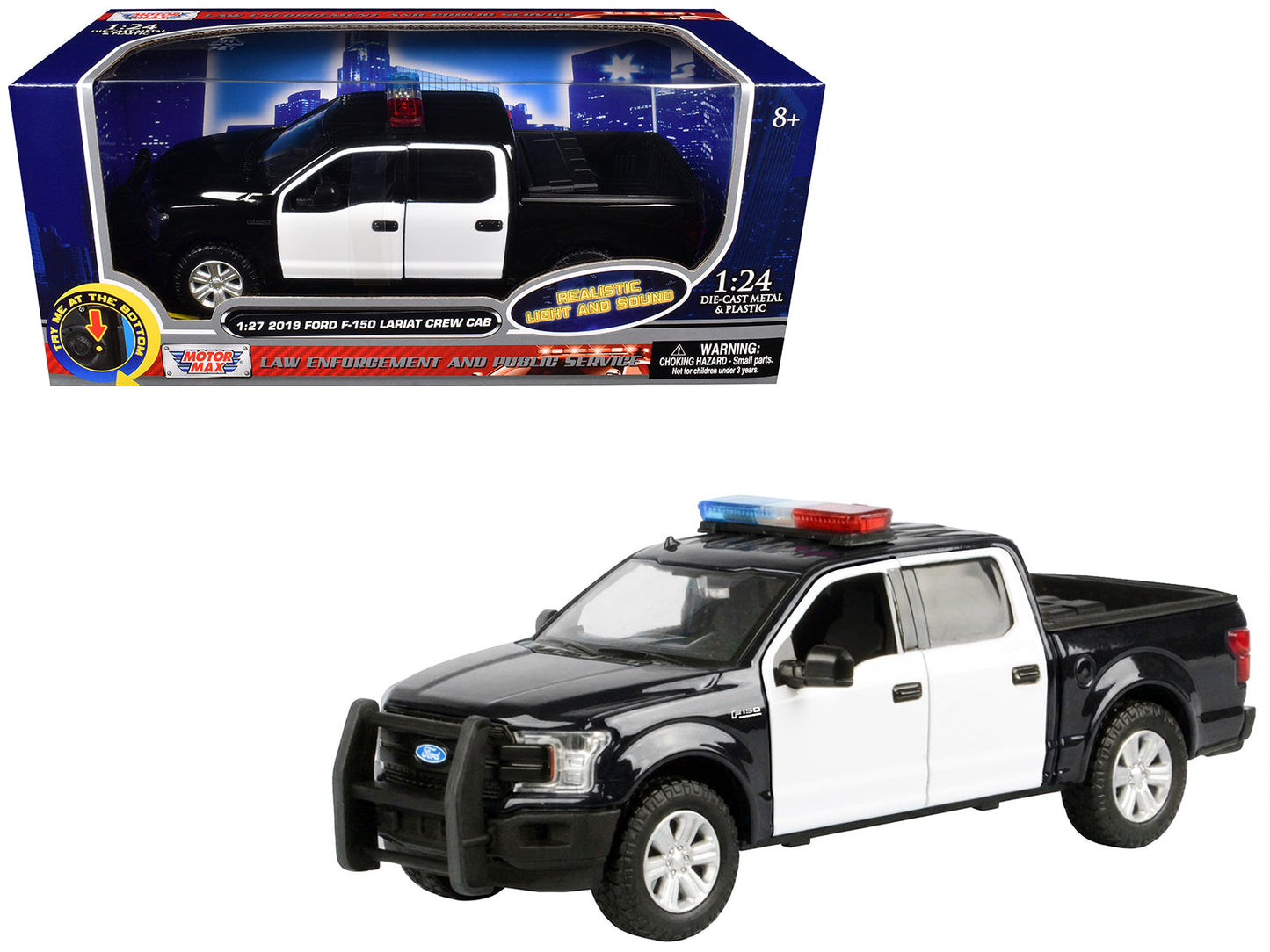 2019 Ford F-150 Lariat Crew Cab Pickup Truck Black and White with Flashing Light Bar and Front and Rear Lights and Sounds 1/27 Diecast Model Car