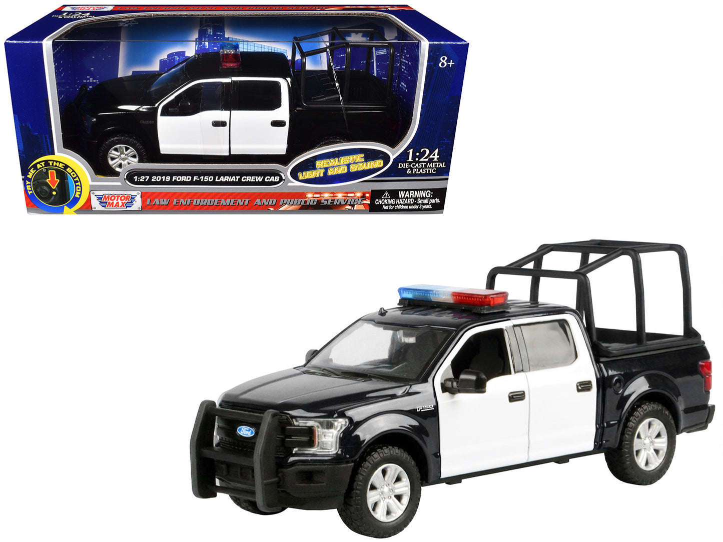 2019 Ford F-150 Lariat Crew Cab Pickup Truck with Bed Cage Black and White with Flashing Light Bar and Front and Rear Lights and Sounds 1/27 Diecast Model Car