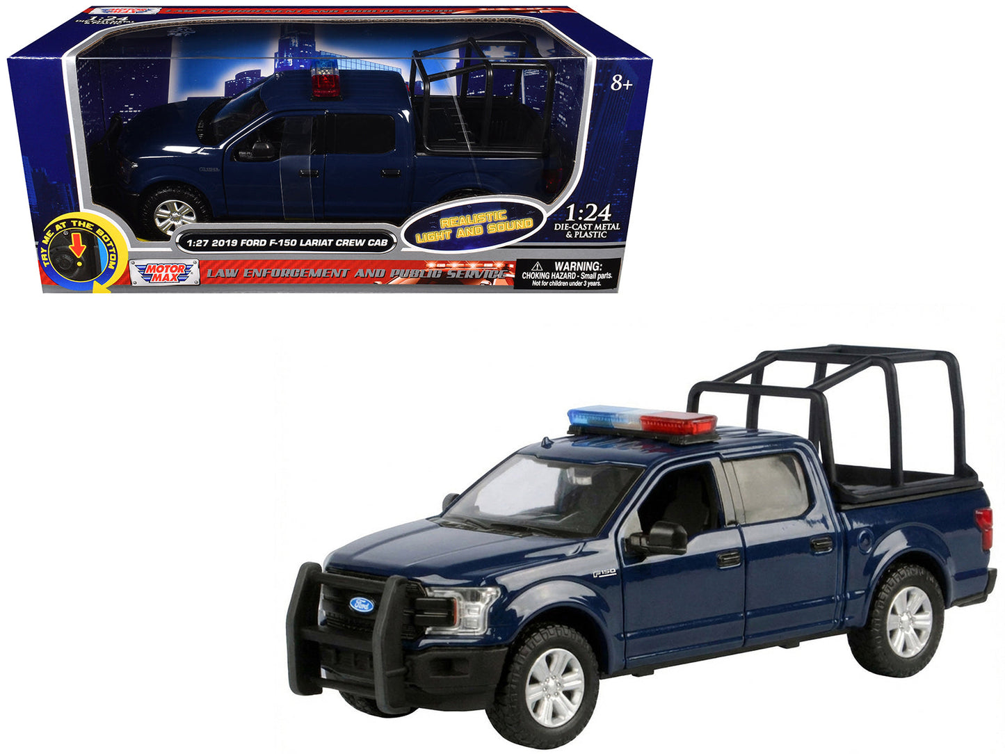 2019 Ford F-150 Lariat Crew Cab Pickup Truck with Bed Cage Dark Blue with Flashing Light Bar and Front and Rear Lights and Sounds 1/27 Diecast Model Car