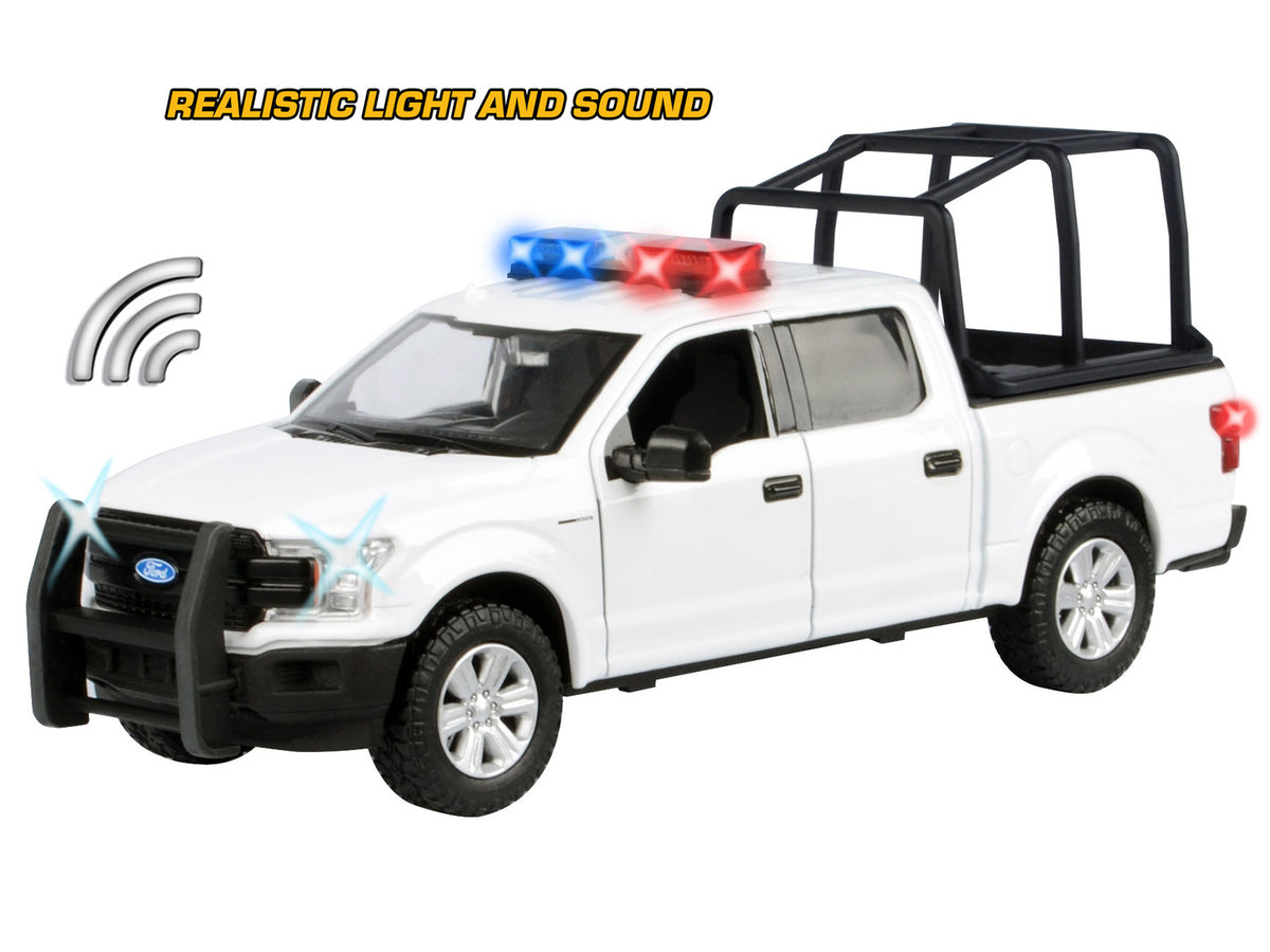 2019 Ford F-150 Lariat Crew Cab Pickup Truck with Bed Cage White with Flashing Light Bar and Front and Rear Lights and Sounds 1/24-1/27 Diecast Model Car
