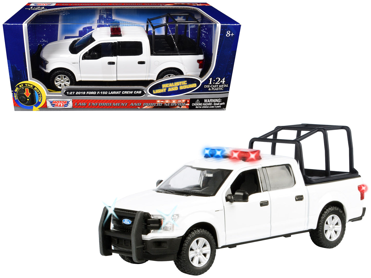 2019 Ford F-150 Lariat Crew Cab Pickup Truck with Bed Cage White with Flashing Light Bar and Front and Rear Lights and Sounds 1/27 Diecast Model Car