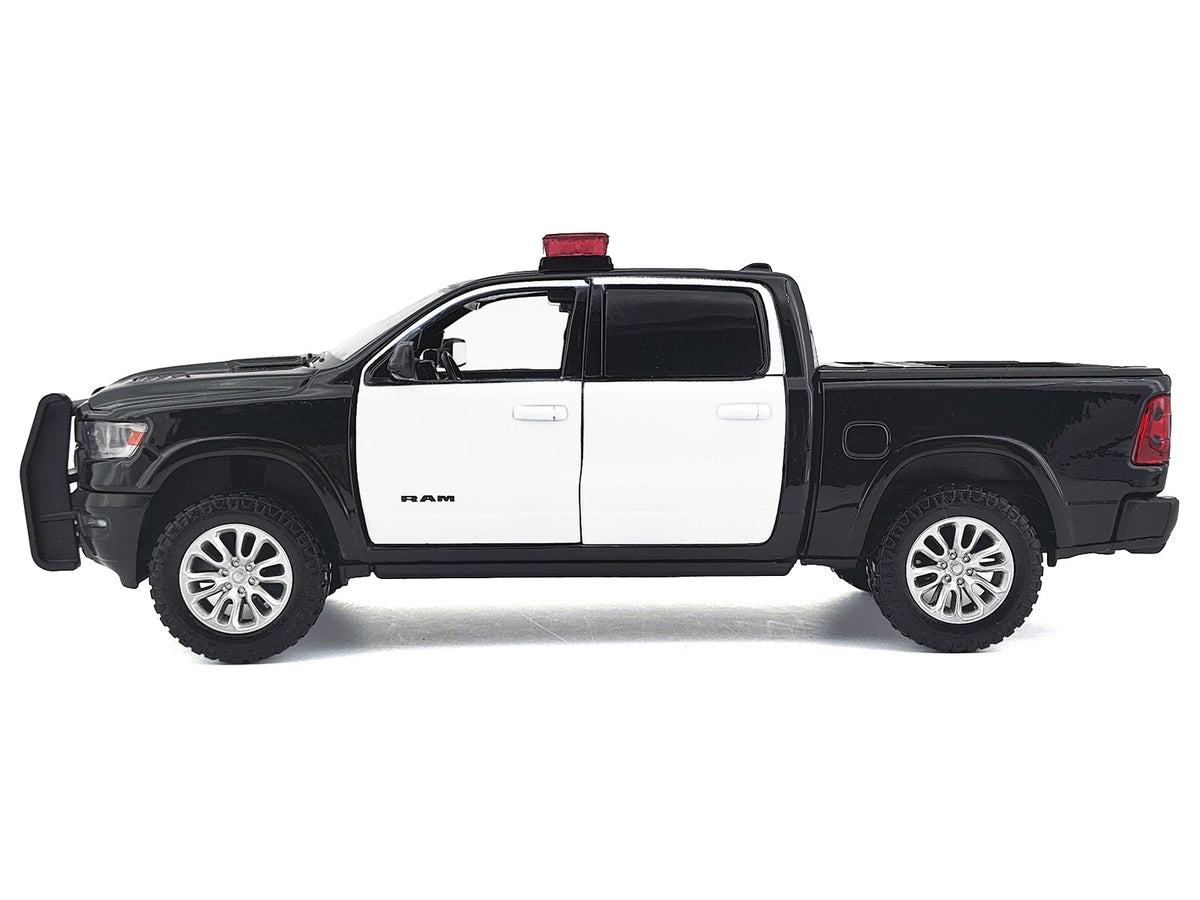 2019 RAM 1500 Laramie Crew Cab Pickup Truck Black and White with Flashing Light Bar and Front and Rear Lights and Sounds 1/24-1/27 Diecast Model Car
