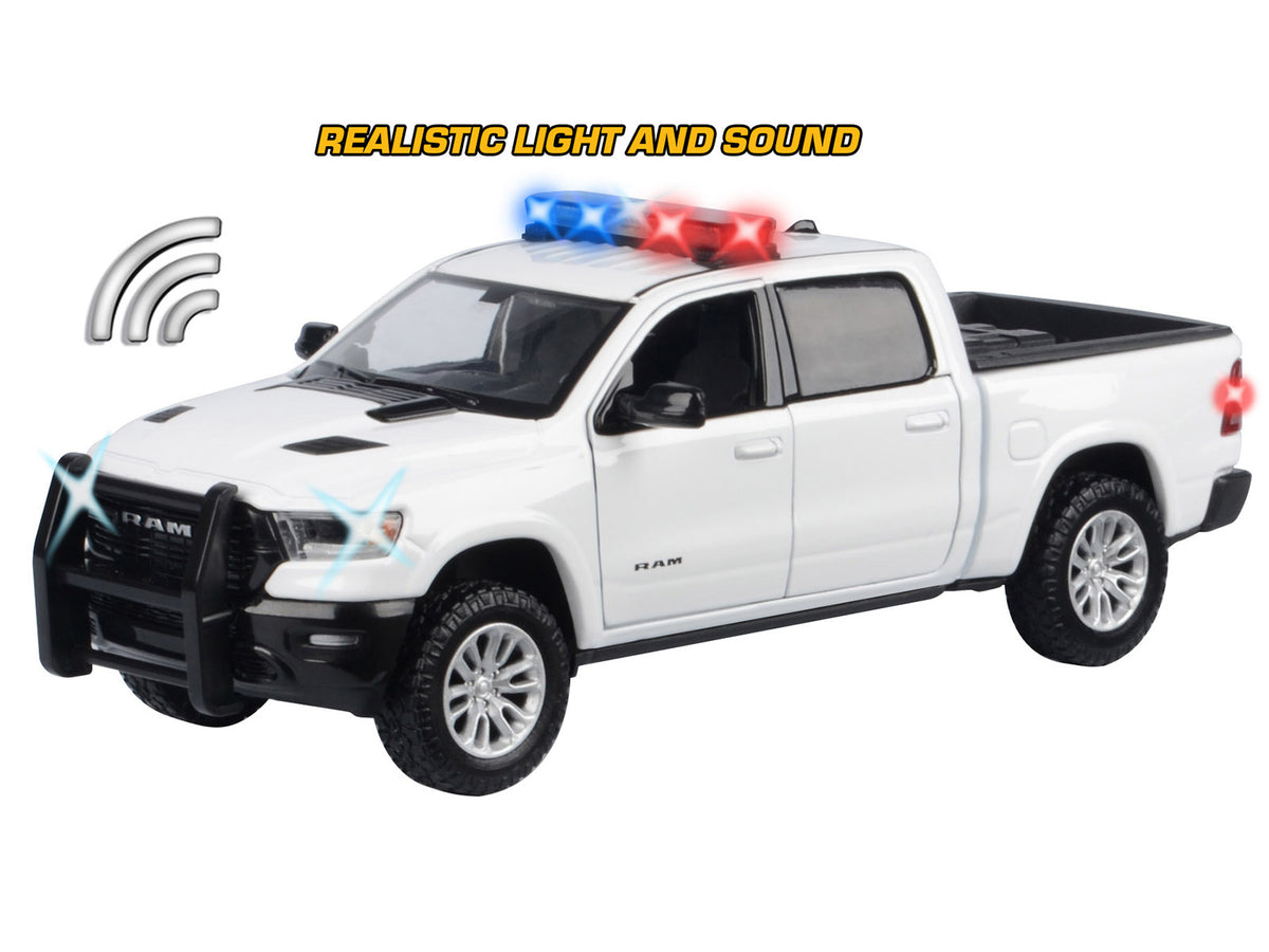 2019 RAM 1500 Laramie Crew Cab Pickup Truck White with Flashing Light Bar and Front and Rear Lights and Sounds 1/24-1/27 Diecast Model Car