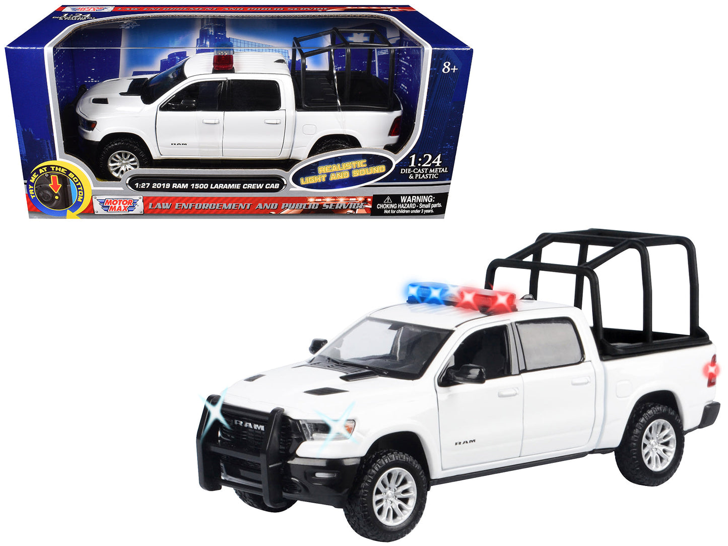 2019 RAM 1500 Laramie Crew Cab Pickup Truck with Bed Cage White with Flashing Light Bar and Front and Rear Lights and Sounds 1/27 Diecast Model Car