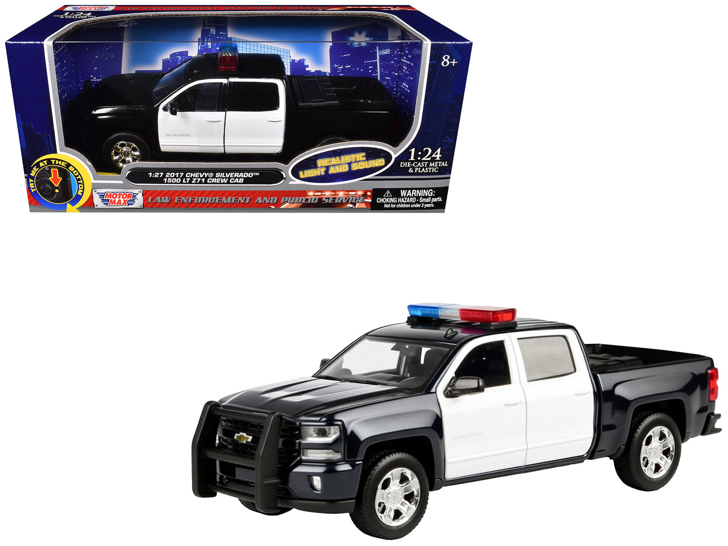 2017 Chevrolet Silverado 1500 LT Z71 Crew Cab Pickup Truck Black and White with Flashing Light Bar and Front and Rear Lights and Sounds 1/27 Diecast Model Car