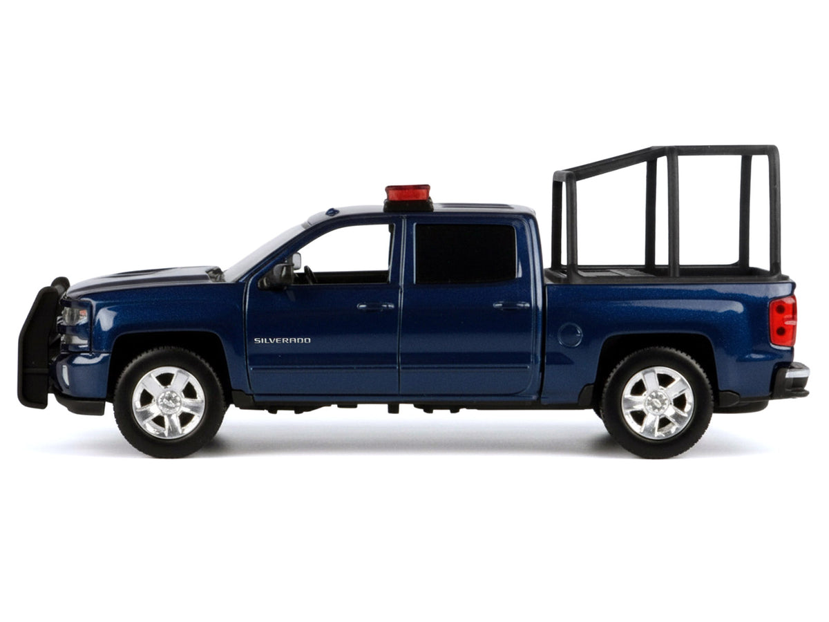 2017 Chevrolet Silverado 1500 LT Z71 Crew Cab Pickup Truck with Bed Cage Dark Blue with Flashing Light Bar and Front and Rear Lights and Sounds 1/24-1/27 Diecast Model Car