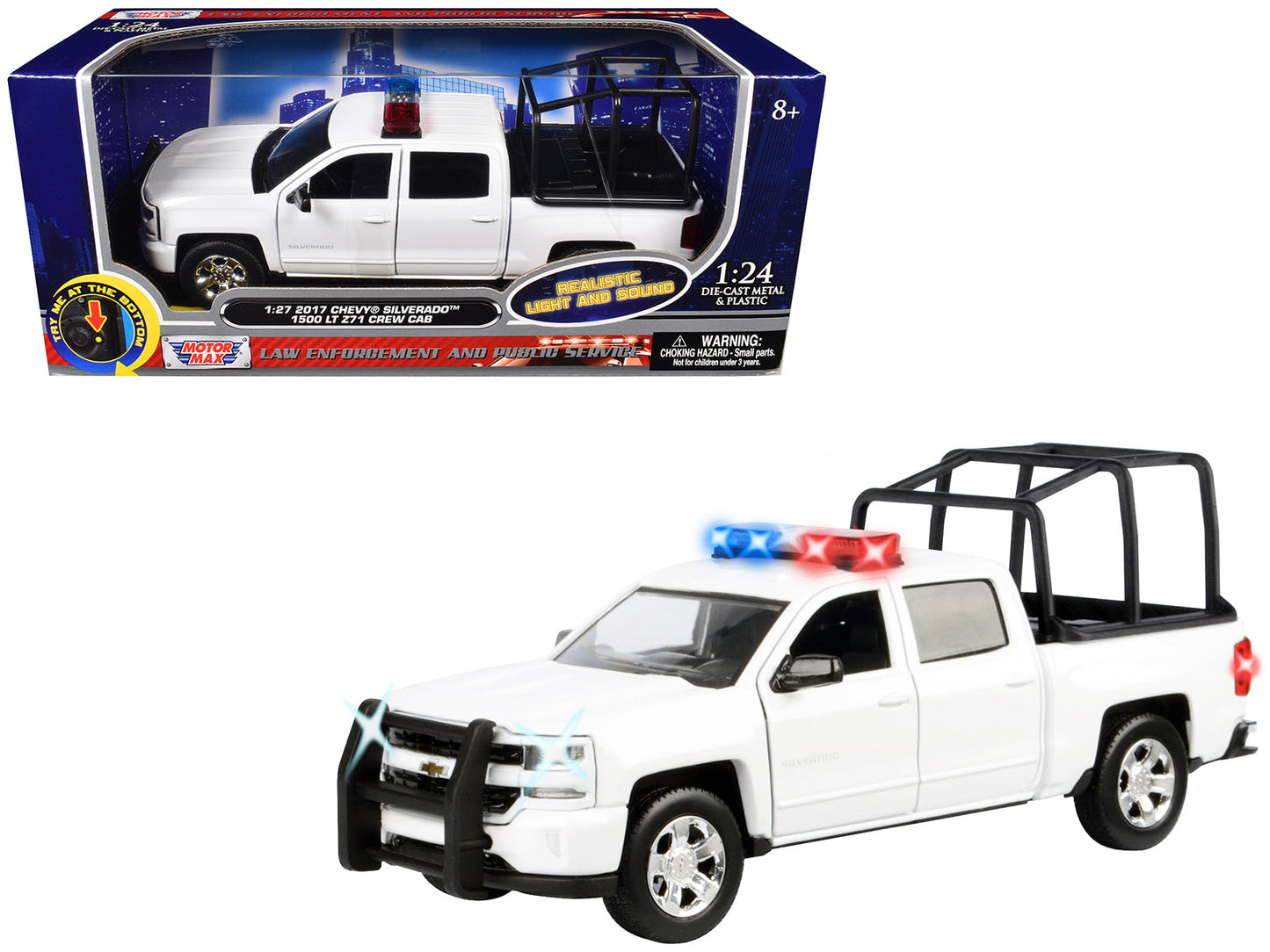 2017 Chevrolet Silverado 1500 LT Z71 Crew Cab Pickup Truck with White with Flashing Light Bar and Front and Rear Lights and Sounds 1/27 Diecast Model Car